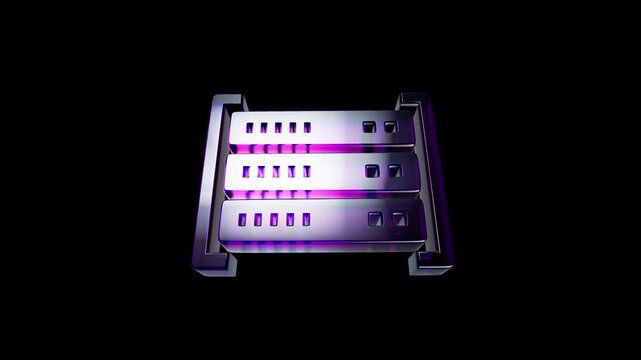 Shiny metallic server rack icon with glowing purple lights on a dark background 3D Icon