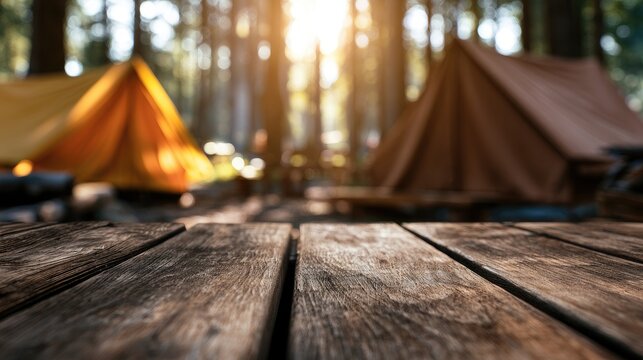 Rustic wooden table in foreground with blurred forest campsite and tents beyond