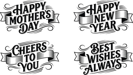 Vintage style typography set with holiday greetings and celebratory phrases on ribbons on a white background © MD