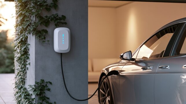 Modern electric car charging station outdoors, close-up of vehicle