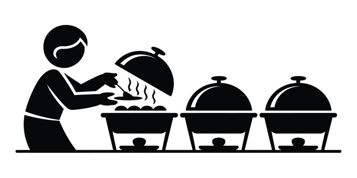 Catering Service Icon set, waiter, buffet chafing dishes, restaurant hospitality, and celebration symbols, vector illustration