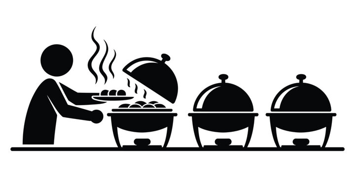 Catering Service Icon set, waiter, buffet chafing dishes, restaurant hospitality, and celebration symbols, vector illustration