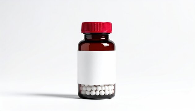 Brown glass bottle with red cap and white label, filled with small white pills