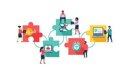 Naklejka premium Remote Team Collaboration and Global Business Connectivity Concept Illustration with People Working on Puzzle Pieces and Digital Technology