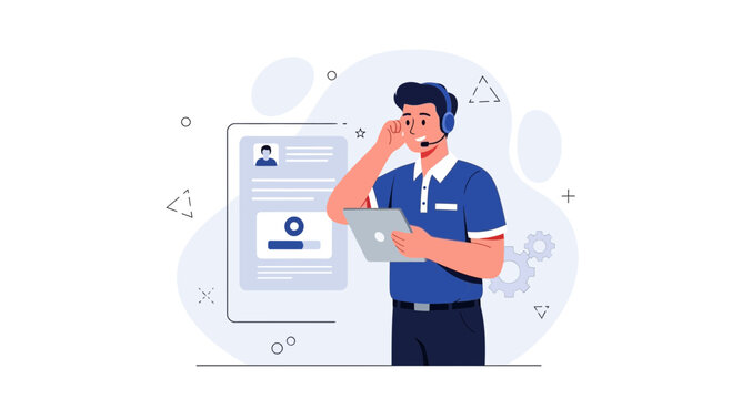 Customer Support Agent with Headset and Tablet, Flat Design Illustration