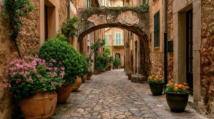 Naklejka premium Cobblestone alley with stone archway, lush plants, and vibrant flowers