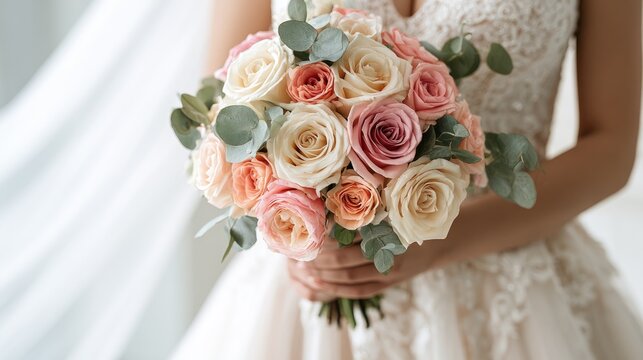 Bride holds a beautiful bouquet of roses and eucalyptus