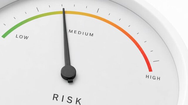 Close up of a risk meter showing medium level risk with colorful gauge for safety and danger concept