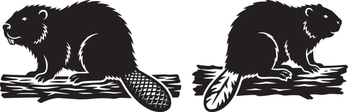 Solid black silhouette vector illustration of a beaver perched on a wooden log isolated on white background with silhouette, wildlife