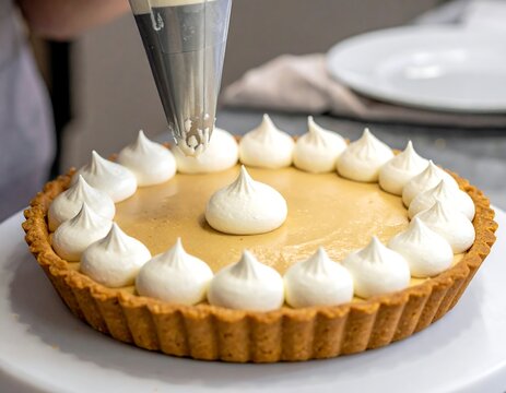 A pastry chef decorates a dessert tart with piped meringue topping