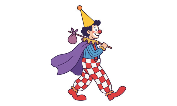 Cartoon clown walking with bindle on white background