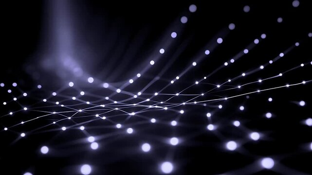 Abstract digital background with glowing dots and lines forming a network connection.