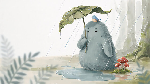 Cute fluffy grey monster holding giant leaf umbrella in the rain with small blue bird on head. Whimsical woodland fantasy illustration