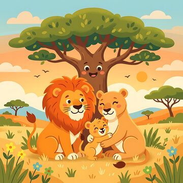 Cute Cartoon Lion Family with Cubs in African Safari - Kids Book Character Vector Illustration