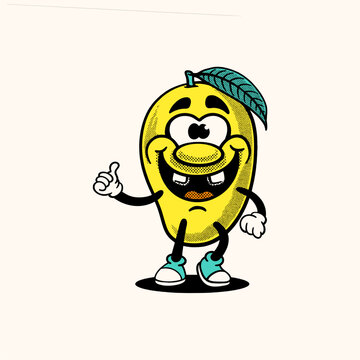 Cute retro mango mascot character in vintage 1930s rubber hose cartoon style. Vector illustration of funny yellow fruit mascot for logo, sticker, or t-shirt design