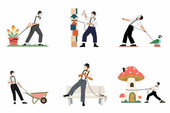 Collection of mimes in humorous situations, performing pantomime acts with ropes, flower pots, and whimsical objects in a minimalist flat illustration style.