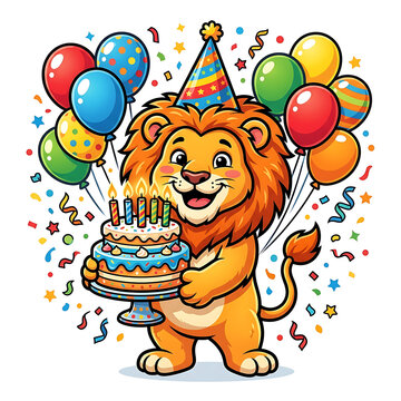 Happy cartoon lion character celebrating birthday with cake, candles, and colorful balloons