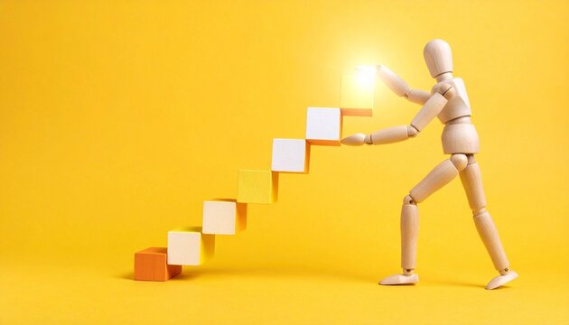 Wooden mannequin figure positioned against bright yellow background, standing and appearing to push or hold series of ascending cubes forming staircase‑like structure, cubes transitioning in color fro