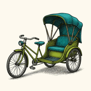 Vintage hand drawn cycle rickshaw illustration with green frame and teal canopy.