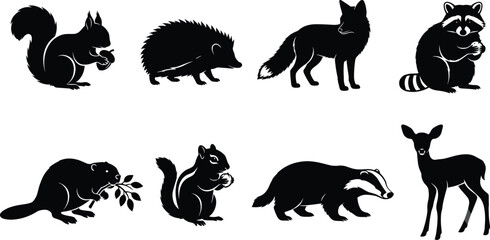 Obraz premium Forest animals silhouette vector set featuring squirrel hedgehog fox raccoon beaver chipmunk badger and deer