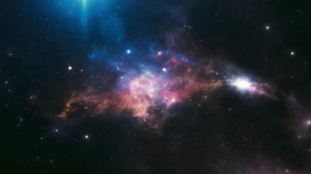 4K cinematic view of a colorful nebula with glowing cosmic gas clouds in deep space.