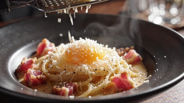 Chef Grating Fresh Parmesan Cheese Over Hot Spaghetti Carbonara with Raw Egg Yolk and Guanciale