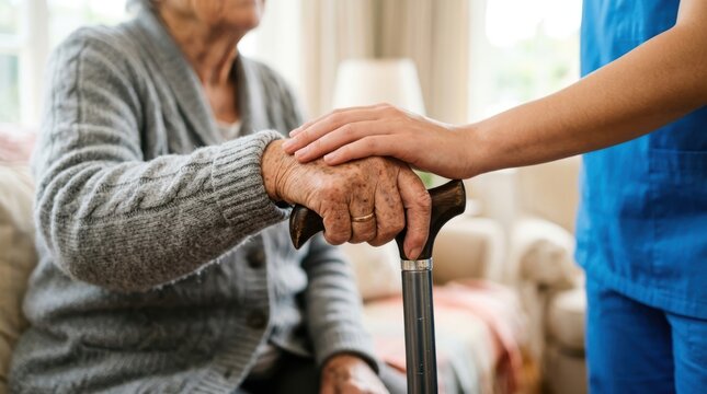 Closeup of a caregiver holding the hand of an elderly person