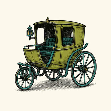 Vintage hand drawn illustration of an antique green carriage with teal spoked wheels.