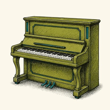 Vintage hand drawn illustration of an olive green upright piano with keys and pedals.
