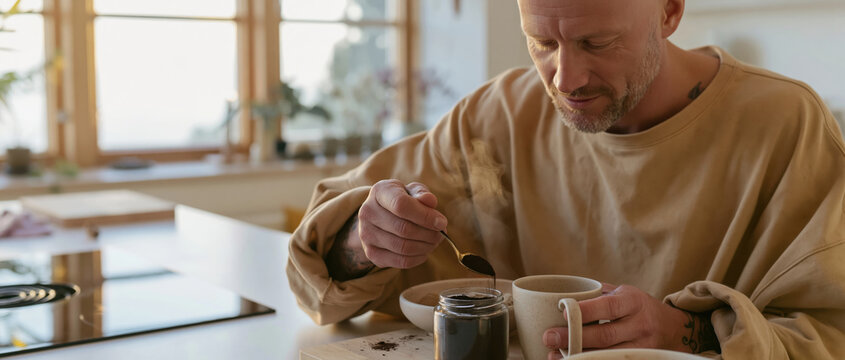 Mature man preparing a functional mushroom coffee drink in a bright kitchen, using a spoon for adaptogen powder for wellness and nutrition marketing