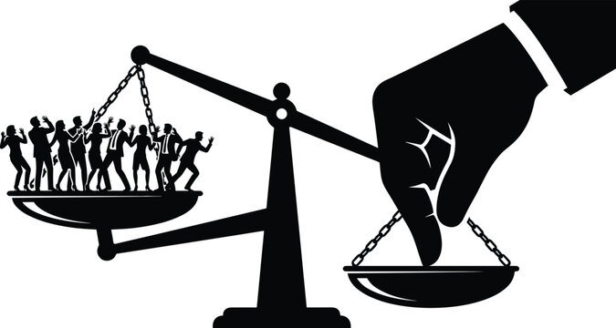 Vector illustration of balance scale showing fairness imbalance with group of people outweighed by powerful hand
