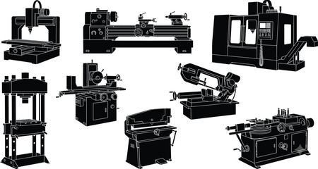 Obraz premium Vector silhouette icons of industrial machines including CNC milling, lathe, hydraulic press, grinder, and band saw