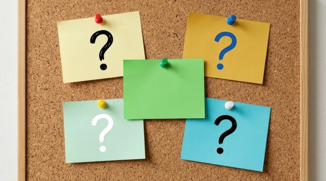 Colorful sticky notes with question marks attached to a brown cork board for office communication