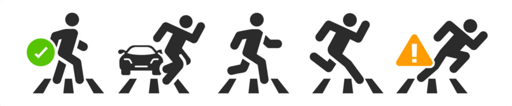 Crosswalk icon vector with a man walking on a zebra crossing illustration sign, pedestrian concept.
