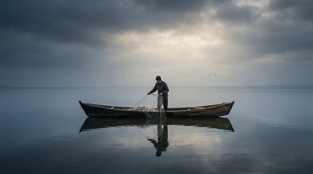 Fisherman in Wooden Boat Casting Net on Still Lake