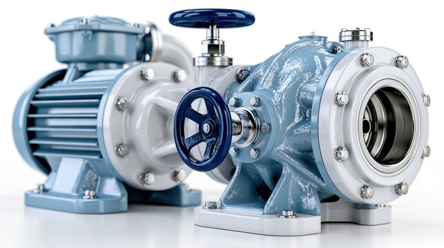 Ensemble de pompes industrielles bleues avec vannes et moteur &eacute;lectrique