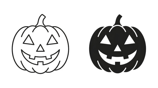 Halloween jack o' lantern icons black outline solid fill vector images