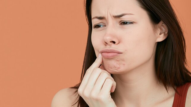 Jeune femme inqui&egrave;te touchant son menton avec de l'acn&eacute;