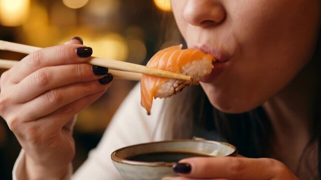 Smiling young woman eating delicious fresh salmon nigiri sushi with wooden chopsticks from a small soy sauce bowl at a cozy restaurant table, joyful social dining, asian food lover concept.