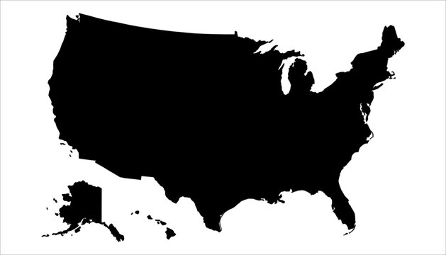 Silhouette vector illustration of a map of the United States. Black silhouette map of the United States with the states of Alaska and Hawaii on a white background