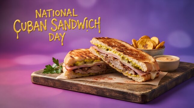 National Cuban Sandwich Day Cuban Sandwich on Purple Gradient Background with Copy Space and Holiday Text