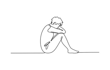 Fototapeta premium Sad person sitting and hugging knees in a continuous one line drawing style