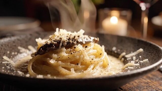 Fresh Spaghetti Carbonara with Crispy Bacon and Grated Parmesan Cheese in a Romantic Candlelit Setting