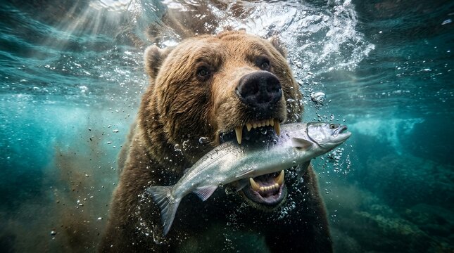 Grizzly bear catching salmon underwater