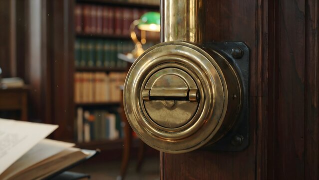 Vintage brass combination lock door handle with a bookshelf in background