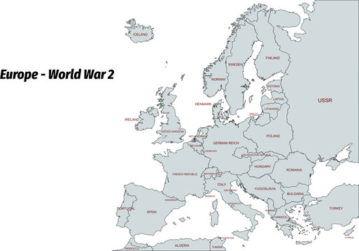 Black and white map of europe during the world war 2 era showing country borders and political regions