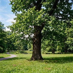 Obraz premium Majestic oak tree standing alone in green park.