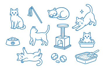 Line style feline collection featuring cats toys and accessories on a plain surface cats © mdsaikat