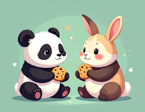 A panda and a rabbit sitting and eating cookies