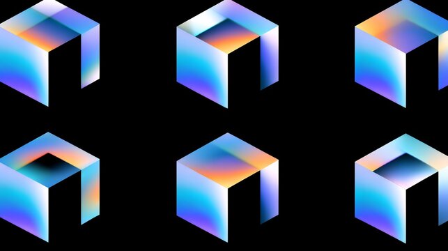 Grid of six 3D isometric hollow cube frames with rainbow gradient interior lighting on dark background futuristic tech icon set